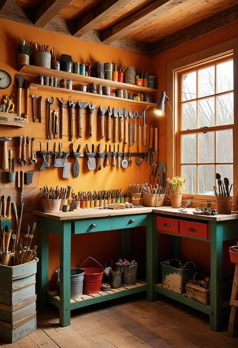 Visualize a dynamic transformation scene featuring a rustic toolshed evolving into a vibrant, organized tool store. Incorporate various home renovation tools like hammers, drills, and paintbrushes, with a backdrop of colorful home improvement ideas like paint swatches and decor. Add an inviting atmosphere with natural light streaming in, showcasing creativity and inspiration for DIY enthusiasts. Include elements of a cozy workspace to enhance the ambiance. super-realistic. vibrant colors. warm lighting.