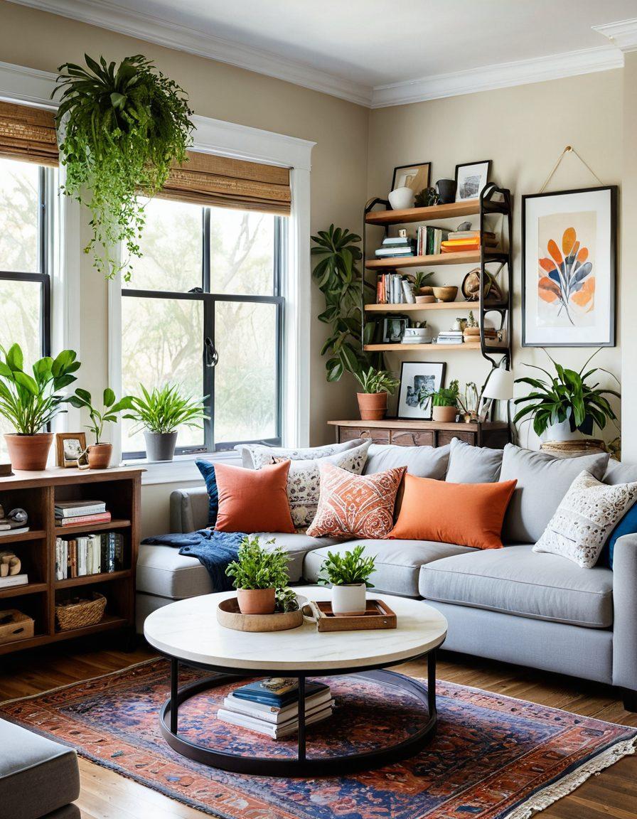 A bright and inviting living room showcasing various DIY projects such as a handmade coffee table, wall-mounted shelves, and vibrant plant arrangements. Essential tools like a hammer, paintbrushes, and building materials are artistically arranged nearby, emphasizing creativity and resourcefulness. Natural light streams in through a large window, enhancing the warm atmosphere. colorful and eclectic decor elements are added for depth. bright colors. super-realistic.